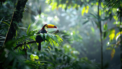 Tucanos Bird in Tropical Rainforest, Colorful Interesting Plants in Background, Green Nature Wallpaper with Copy Space