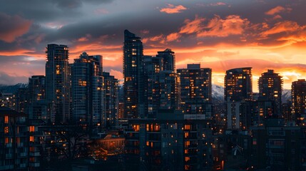 Fototapeta premium Cityscape during sunset with vibrant orange sky and illuminated buildings
