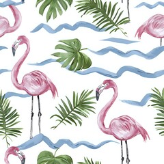 Fototapeta premium Watercolor Pink Flamingo and Palm Leaf Poster Design