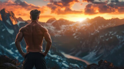 Back view of a fit, shirtless man enjoying a stunning mountain sunset scenery, highlighting his muscular physique.