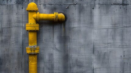 New small yellow water pipe on gray concrete wall at a corner of building texture background. 