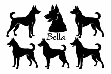Bella dog black silhouette vector set, isolated black silhouette of a dog collection, Set of dogs breed silhouette vector
