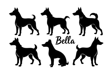 Bella dog black silhouette vector set, isolated black silhouette of a dog collection, Set of dogs breed silhouette vector
