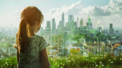 Child drawing outlines sustainability ecology save environment concept, World environment day, Sustainability development, Ecology friendly and Green Industries Business concept, generative ai