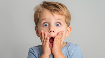 Little boy covering open mouth with hand being surprised and shocked on light gray background