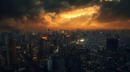 Futuristic cityscape with dark clouds and glowing orange sunset