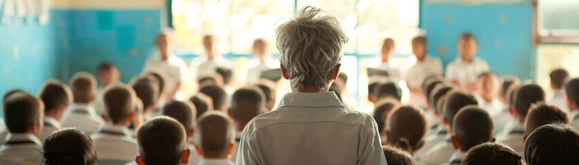Obraz premium An educator passionately teaching a classroom full of attentive students, capturing the dynamic interaction and engagement, Documentary Photography style