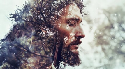 Double exposure of Jesus Christ and the cross on trees background. Digital artwork.