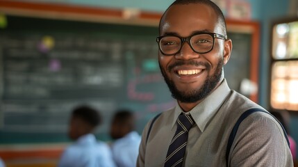 Fototapeta premium Educator in Classroom Scene, Waist Up Shot, Smiling with Blackboard and Students, Exuding Passion for Teaching and Learning