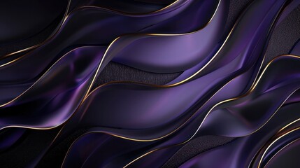 Obraz premium Elegant 3D abstract background dark purple curved shapes with gold lines over black.