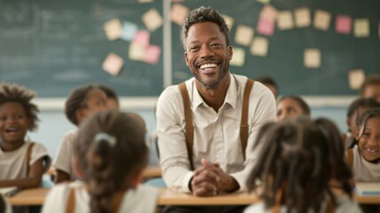 A lively classroom scene with a charismatic teacher interacting with students, creating an inspiring learning environment, Magazine Photography style
