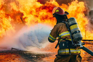 Naklejka premium A brave firefighter equipped with gear and hose fights off blazing flames, showcasing valor and dedication in this intense moment of service and danger.