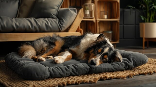 A peaceful scene of a dog sleeping on a comfortable bed in a cozy modern living room, showcasing relaxation and comfort.