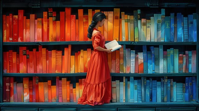 Paper cut librarian organizing books on a shelf.