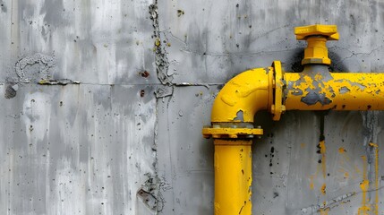New small yellow water pipe on gray concrete wall at a corner of building texture background. 