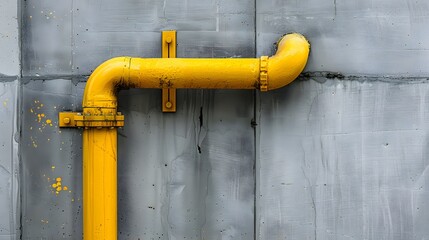 New small yellow water pipe on gray concrete wall at a corner of building texture background. 
