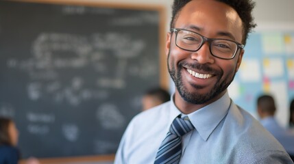 Portrait of Happy Teacher, Standing in Classroom Background with Students, Demonstrating Professionalism and Joy