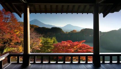 木造のテラス・縁側から望む秋の美しい紅葉の山々と森林の風景背景素材　日本の季節・旅行・アウトドア・観光のイメージ　秋の空と雲雄大な風景