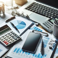 Business data analysis paper on a table with mobile, calculator, pen and beautiful decorations. 