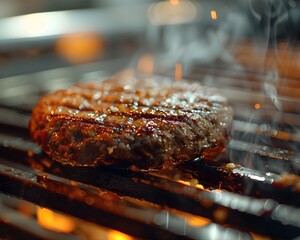 Close up View of Sizzling Lab Grown Burger Patty on a Hot Grill Showcasing the Future of Sustainable Cuisine
