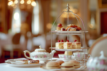 Afternoon tea party setting with cakes and pastries on table in luxury hotel