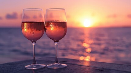 Two glasses of rose wine on the table in front of the sea at sunset. Selective focus.