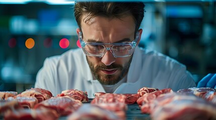 Scientist Examining Lab Grown Meat Samples in High Tech Food Innovation Laboratory
