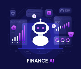Finance service bot. Robot with charts and bank technologies. Artificial intelligence in financial technologies. Vector illustration