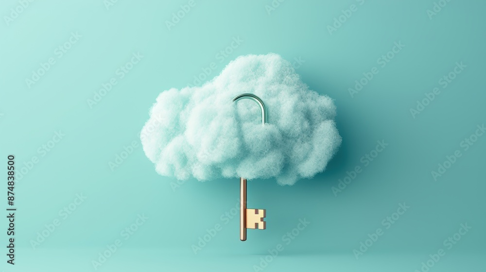 Poster a cloud icon with a lock and key, representing the encryption of cloud data and the importance of cy