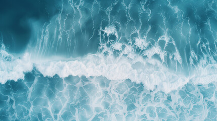 Obraz premium Aerial view of ocean waves crashing onto the shore, creating a beautiful contrast of white foam against the deep blue water. Perfect for projects.