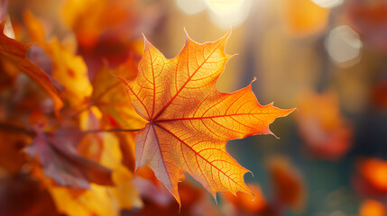 Close-up of autumn maple leaf with sunlight