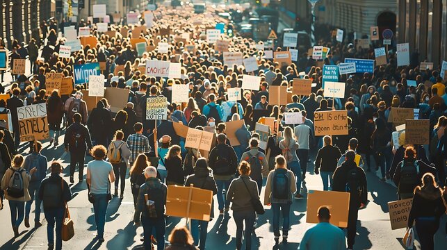 A crowd of people marching down a street, holding banners and signs