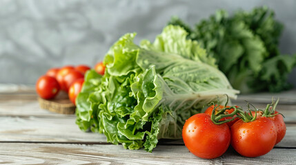 vegetables on a light wooden table including lettuce and tomatoes