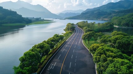 Asphalt Road And River With Mountain Scenery In Hangzhou, A Picturesque Landscape