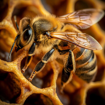 Detailed macro shot of a queen bee laying eggs in a hive
