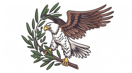 Fototapeta premium A cartoon bald eagle holding an olive branch, symbolizing peace in the USA.