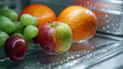 Close-up of fresh apples, oranges, and grapes on a wet metallic surface, showcasing vibrant fruits and a healthy lifestyle.
