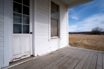 Close-up view of a rustic white wooden house exterior with a porch and door, overlooking a vast open field under a clear sky.