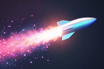 Colorful rocket ship launching into space with vibrant trail of sparks and flames against dark background, symbolizing innovation and exploration.