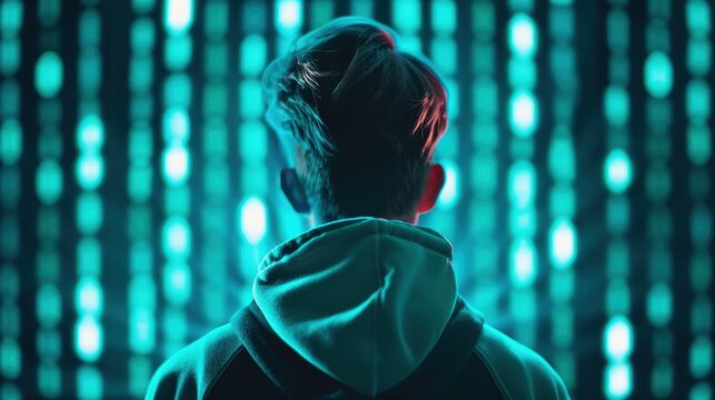 A symbolic visual of a hacker's silhouette against a glowing screen filled with binary code and ominous warnings, illustrating the constant threat of cyber attacks and ransomware breaches.