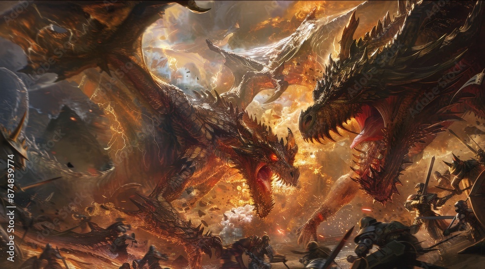 Poster in the midst of chaos, a three-headed dragon and a two-headed dragon lock in a deadly struggle, thei