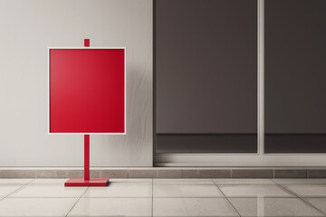 Minimalistic red signboard placed indoors against a clean, modern background with tiled flooring and a gray wall.
