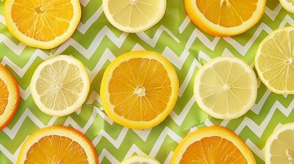Obraz premium A playful design featuring slices of oranges and lemons arranged in a zigzag pattern with a refreshing green background