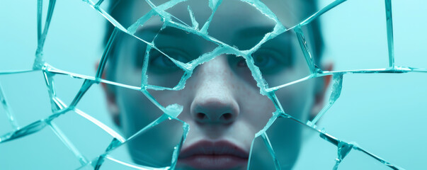 Surreal portrait of a reflective face behind shattered glass, symbolizing fractured identity and introspection. Turquoise hue, emotional expression.
