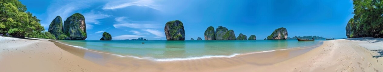 Fototapeta premium Tropical Beach in Thailand: Summer Vacation on Island Paradise with Blue Skies, White Clouds, Sandy Shores, and Crystal Clear Waters in Krabi and Phuket - AI-Generated High-Resolution Wallpaper