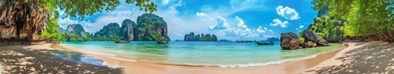 Fototapeta premium Tropical Beach in Thailand: Summer Vacation on Island Paradise with Blue Skies, White Clouds, Sandy Shores, and Crystal Clear Waters in Krabi and Phuket - AI-Generated High-Resolution Wallpaper
