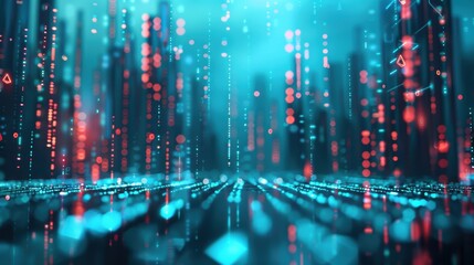 Obraz premium A futuristic digital cityscape with holographic data streams and security algorithms floating above, illustrating the integration of cybersecurity measures into everyday digital landscapes.