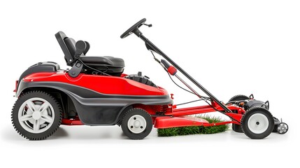 Red Ride-On Lawn Mower with Grass on White Background