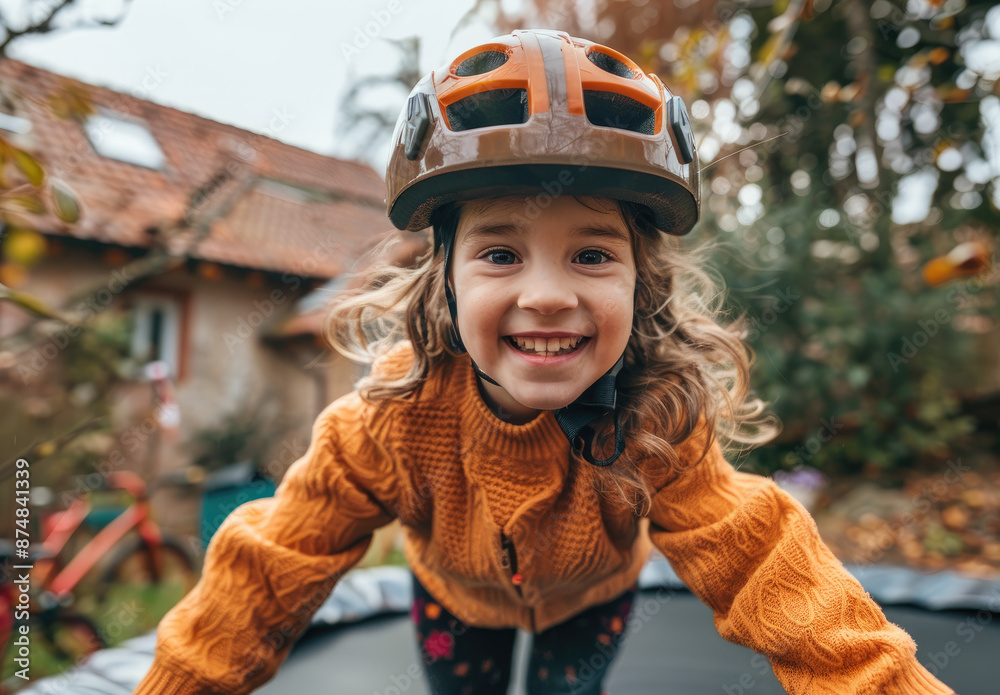 Poster happy little girl wearing helmet jumping on trampoline in the garden near house