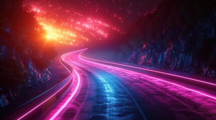 Neon Road Through Mountain Pass